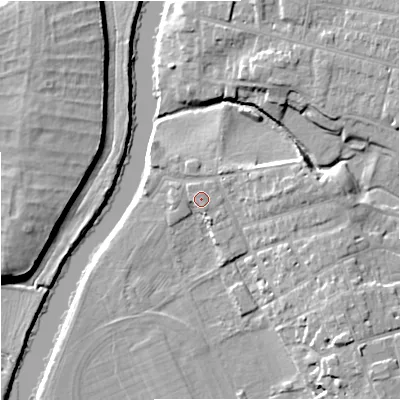 Shaded relief map of the ground around WR13FE, computed from Environment Agency LiDAR. The ground here sits at about 17 m above sea level and falls 11 m across the surrounding 800 m. Surface water reaching this point runs off ground lying to the south-south-east, 2.2 m higher.