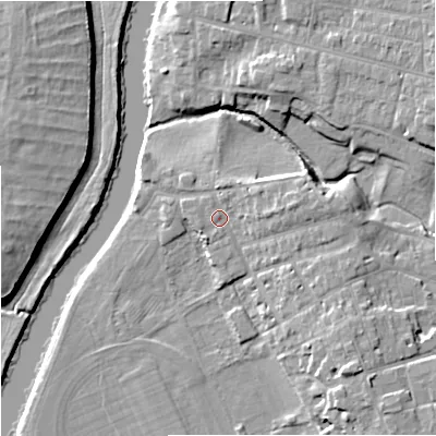 Shaded relief map of the ground around WR13FF, computed from Environment Agency LiDAR. The ground here sits at about 17 m above sea level and falls 11 m across the surrounding 800 m. Surface water reaching this point runs off ground lying to the east, 3.6 m higher.