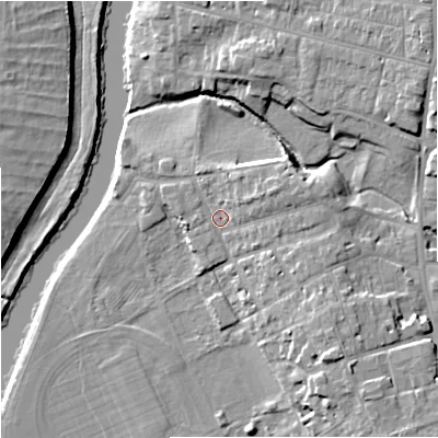 Shaded relief map of the ground around WR13HB, computed from Environment Agency LiDAR. The ground here sits at about 17 m above sea level and falls 12 m across the surrounding 800 m. Surface water reaching this point runs off ground lying to the east-north-east, 4.1 m higher.