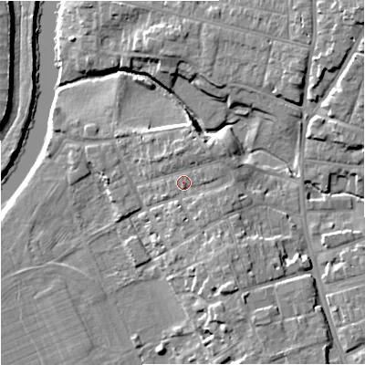 Shaded relief map of the ground around WR13HE, computed from Environment Agency LiDAR. The ground here sits at about 19 m above sea level and falls 15 m across the surrounding 800 m. Surface water reaching this point runs off ground lying to the east-south-east, 2.0 m higher.