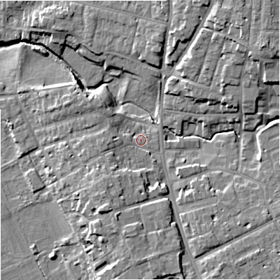 Shaded relief map of the ground around WR13HG, computed from Environment Agency LiDAR. The ground here sits at about 17 m above sea level and falls 15 m across the surrounding 800 m. Surface water reaching this point runs off ground lying to the west, 2.0 m higher.