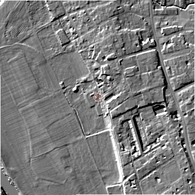Shaded relief map of the ground around WR13JE, computed from Environment Agency LiDAR. The ground here sits at about 16 m above sea level and falls 12 m across the surrounding 800 m. Surface water reaching this point runs off ground lying to the north-east, 7.0 m higher.
