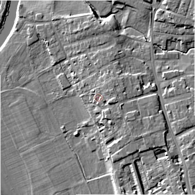 Shaded relief map of the ground around WR13JF, computed from Environment Agency LiDAR. The ground here sits at about 20 m above sea level and falls 12 m across the surrounding 800 m. Surface water reaching this point runs off ground lying to the east-south-east, 3.9 m higher.