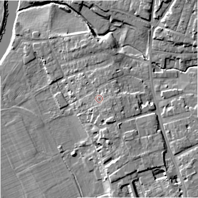 Shaded relief map of the ground around WR13JG, computed from Environment Agency LiDAR. The ground here sits at about 20 m above sea level and falls 13 m across the surrounding 800 m. Surface water reaching this point runs off ground lying to the east, 2.4 m higher.