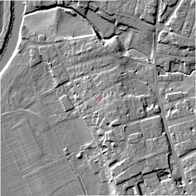 Shaded relief map of the ground around WR13JJ, computed from Environment Agency LiDAR. The ground here sits at about 20 m above sea level and falls 13 m across the surrounding 800 m. Surface water reaching this point runs off ground lying to the east-south-east, 3.2 m higher.