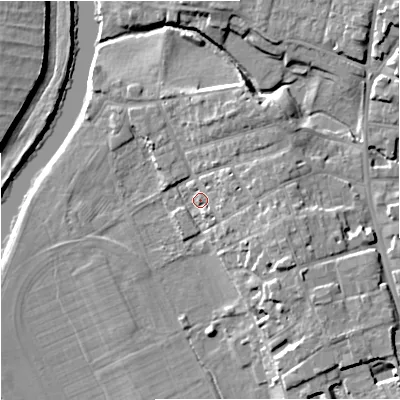 Shaded relief map of the ground around WR13JN, computed from Environment Agency LiDAR. The ground here sits at about 17 m above sea level and falls 12 m across the surrounding 800 m. Surface water reaching this point runs off ground lying to the east-north-east, 4.9 m higher.