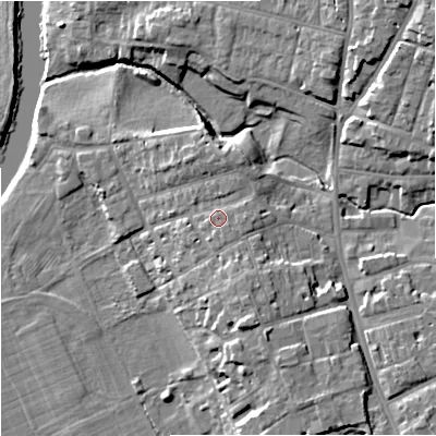Shaded relief map of the ground around WR13JP, computed from Environment Agency LiDAR. The ground here sits at about 20 m above sea level and falls 15 m across the surrounding 800 m. Surface water reaching this point runs off ground lying to the south-south-east, 1.4 m higher.