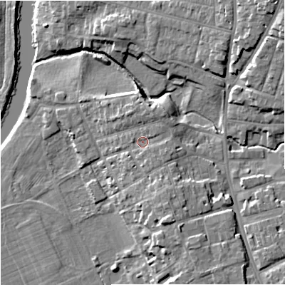 Shaded relief map of the ground around WR13JW, computed from Environment Agency LiDAR. The ground here sits at about 19 m above sea level and falls 15 m across the surrounding 800 m. Surface water reaching this point runs off ground lying to the east-south-east, 2.0 m higher.