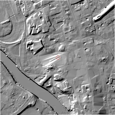 Shaded relief map of the ground around WR13LE, computed from Environment Agency LiDAR. The ground here sits at about 20 m above sea level and falls 20 m across the surrounding 800 m. Surface water reaching this point runs off ground lying to the east-south-east, 3.3 m higher.