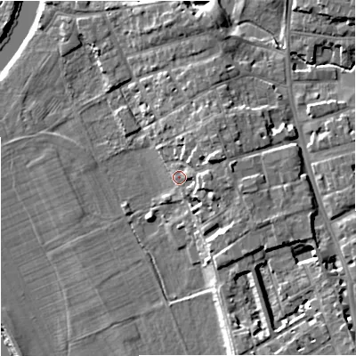 Shaded relief map of the ground around WR13LJ, computed from Environment Agency LiDAR. The ground here sits at about 17 m above sea level and falls 12 m across the surrounding 800 m. Surface water reaching this point runs off ground lying to the east, 5.1 m higher.