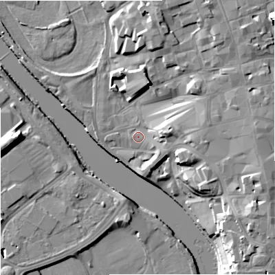 Shaded relief map of the ground around WR13NG, computed from Environment Agency LiDAR. The ground here sits at about 16 m above sea level and falls 20 m across the surrounding 800 m. Surface water reaching this point runs off ground lying to the east, 9.3 m higher.