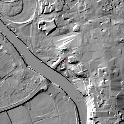 Shaded relief map of the ground around WR13NJ, computed from Environment Agency LiDAR. The ground here sits at about 17 m above sea level and falls 15 m across the surrounding 800 m. Surface water reaching this point runs off ground lying to the east, 8.1 m higher.