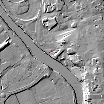 Shaded relief map of the ground around WR13NN, computed from Environment Agency LiDAR. The ground here sits at about 15 m above sea level and falls 15 m across the surrounding 800 m. Surface water reaching this point runs off ground lying to the east-north-east, 4.2 m higher.