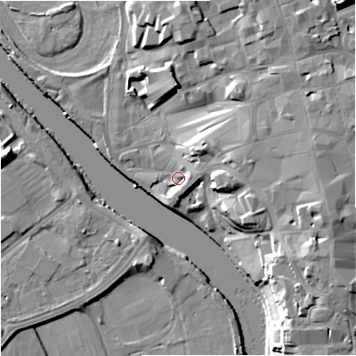 Shaded relief map of the ground around WR13NR, computed from Environment Agency LiDAR. The ground here sits at about 16 m above sea level and falls 20 m across the surrounding 800 m. Surface water reaching this point runs off ground lying to the east, 3.4 m higher.