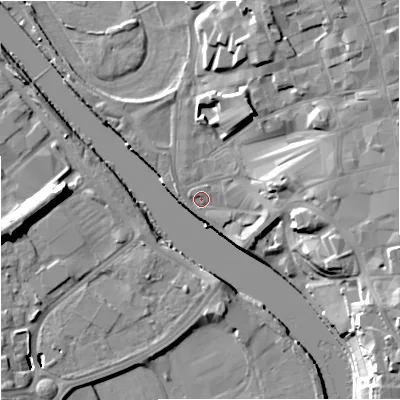 Shaded relief map of the ground around WR13NS, computed from Environment Agency LiDAR. The ground here sits at about 15 m above sea level and falls 15 m across the surrounding 800 m. Surface water reaching this point runs off ground lying to the north-east, 9.9 m higher.
