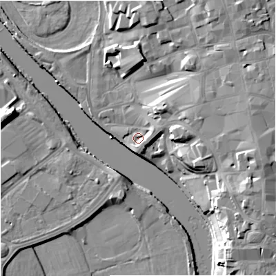 Shaded relief map of the ground around WR13NY, computed from Environment Agency LiDAR. The ground here sits at about 15 m above sea level and falls 15 m across the surrounding 800 m. Surface water reaching this point runs off ground lying to the east-north-east, 4.0 m higher.
