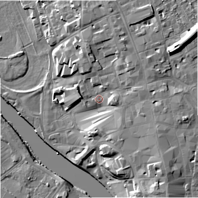 Shaded relief map of the ground around WR13PA, computed from Environment Agency LiDAR. The ground here sits at about 19 m above sea level and falls 20 m across the surrounding 800 m. Surface water reaching this point runs off ground lying to the east-south-east, 5.7 m higher.
