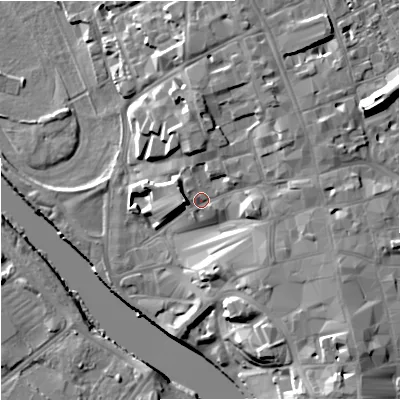 Shaded relief map of the ground around WR13PB, computed from Environment Agency LiDAR. The ground here sits at about 19 m above sea level and falls 20 m across the surrounding 800 m. Surface water reaching this point runs off ground lying to the north-north-east, 6.6 m higher.