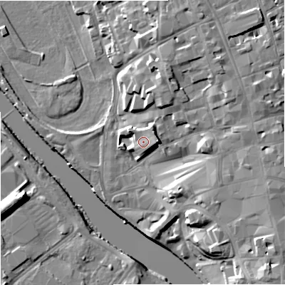 Shaded relief map of the ground around WR13PD, computed from Environment Agency LiDAR. The ground here sits at about 19 m above sea level and falls 15 m across the surrounding 800 m. Surface water reaching this point runs off ground lying to the east, 4.9 m higher.