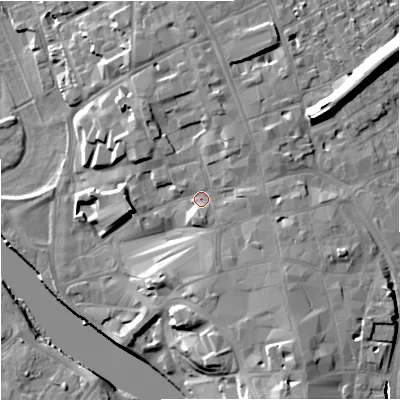 Shaded relief map of the ground around WR13QN, computed from Environment Agency LiDAR. The ground here sits at about 22 m above sea level and falls 20 m across the surrounding 800 m. Surface water reaching this point runs off ground lying to the south-east, 4.0 m higher.