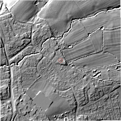 Shaded relief map of the ground around WR141LP, computed from Environment Agency LiDAR. The ground here sits at about 70 m above sea level and falls 24 m across the surrounding 800 m. Surface water reaching this point runs off ground lying to the west, 0.9 m higher.