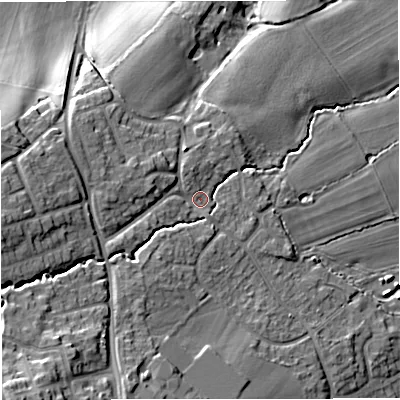 Shaded relief map of the ground around WR141LQ, computed from Environment Agency LiDAR. The ground here sits at about 71 m above sea level and falls 23 m across the surrounding 800 m. Surface water reaching this point runs off ground lying to the south-west, 15.3 m higher.