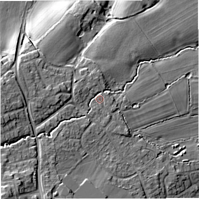 Shaded relief map of the ground around WR141LR, computed from Environment Agency LiDAR. The ground here sits at about 70 m above sea level and falls 22 m across the surrounding 800 m. Surface water reaching this point runs off ground lying to the south-west, 13.8 m higher.