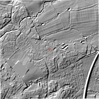 Shaded relief map of the ground around WR141UA, computed from Environment Agency LiDAR. The ground here sits at about 68 m above sea level and falls 22 m across the surrounding 800 m. Surface water reaching this point runs off ground lying to the west-south-west, 10.0 m higher.