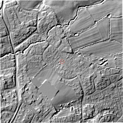 Shaded relief map of the ground around WR141UB, computed from Environment Agency LiDAR. The ground here sits at about 70 m above sea level and falls 23 m across the surrounding 800 m. Surface water reaching this point runs off ground lying to the south-west, 9.4 m higher.