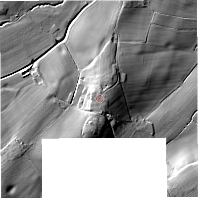 Shaded relief map of the ground around WR141UP, computed from Environment Agency LiDAR. The ground here sits at about 88 m above sea level and falls 40 m across the surrounding 800 m. Surface water reaching this point runs off ground lying to the south, 0.7 m higher.