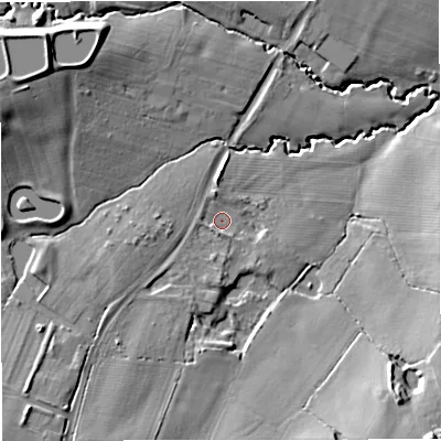 Shaded relief map of the ground around WR141UU, computed from Environment Agency LiDAR. The ground here sits at about 51 m above sea level and falls 20 m across the surrounding 800 m. Surface water reaching this point runs off ground lying to the south, 1.6 m higher.