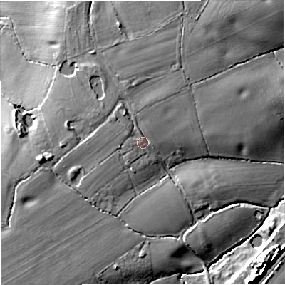 Shaded relief map of the ground around WR141UX, computed from Environment Agency LiDAR. The ground here sits at about 58 m above sea level and falls 15 m across the surrounding 800 m. Surface water reaching this point runs off ground lying to the west-south-west, 3.6 m higher.