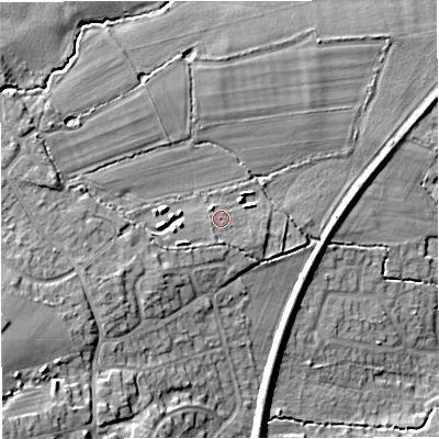 Shaded relief map of the ground around WR141WE, computed from Environment Agency LiDAR. The ground here sits at about 65 m above sea level and falls 19 m across the surrounding 800 m. Surface water reaching this point runs off ground lying to the west-south-west, 2.5 m higher.