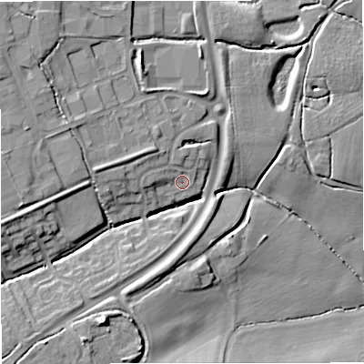 Shaded relief map of the ground around WR142WA, computed from Environment Agency LiDAR. The ground here sits at about 40 m above sea level and falls 17 m across the surrounding 800 m. Surface water reaching this point runs off ground lying to the west-north-west, 3.0 m higher.