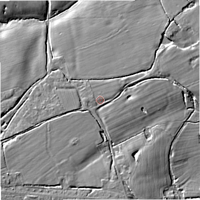 Shaded relief map of the ground around WR143QZ, computed from Environment Agency LiDAR. The ground here sits at about 34 m above sea level and falls 12 m across the surrounding 800 m. Surface water reaching this point runs off ground lying to the south-south-east, 1.5 m higher.
