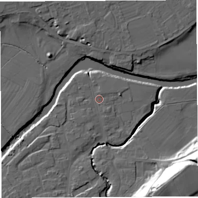 Shaded relief map of the ground around WR158AA, computed from Environment Agency LiDAR. The ground here sits at about 54 m above sea level and falls 34 m across the surrounding 800 m. Surface water reaching this point runs off ground lying to the south-west, 1.2 m higher.