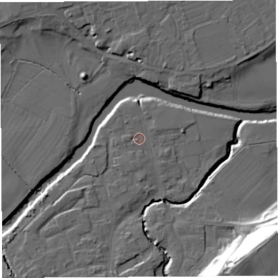 Shaded relief map of the ground around WR158AE, computed from Environment Agency LiDAR. The ground here sits at about 54 m above sea level and falls 34 m across the surrounding 800 m. Surface water reaching this point runs off ground lying to the south-south-west, 1.4 m higher.