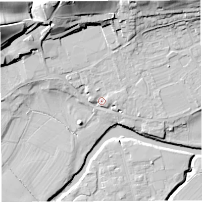 Shaded relief map of the ground around WR158AH, computed from Environment Agency LiDAR. The ground here sits at about 56 m above sea level and falls 35 m across the surrounding 800 m. Surface water reaching this point runs off ground lying to the north, 22.8 m higher.