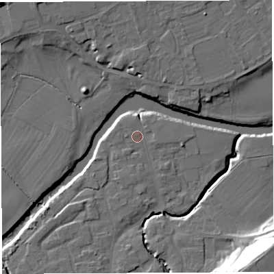 Shaded relief map of the ground around WR158AQ, computed from Environment Agency LiDAR. The ground here sits at about 54 m above sea level and falls 34 m across the surrounding 800 m. Surface water reaching this point runs off ground lying to the south, 1.5 m higher.