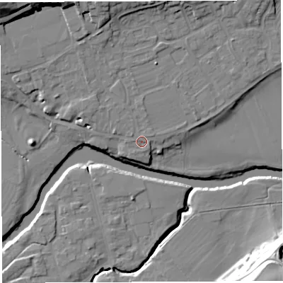 Shaded relief map of the ground around WR158AR, computed from Environment Agency LiDAR. The ground here sits at about 57 m above sea level and falls 32 m across the surrounding 800 m. Surface water reaching this point runs off ground lying to the north, 1.0 m higher.