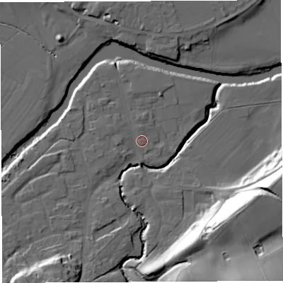 Shaded relief map of the ground around WR158BA, computed from Environment Agency LiDAR. The ground here sits at about 54 m above sea level and falls 37 m across the surrounding 800 m. Surface water reaching this point runs off ground lying to the south-south-west, 15.1 m higher.