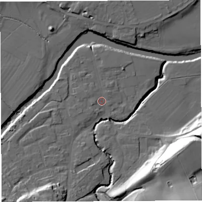 Shaded relief map of the ground around WR158BB, computed from Environment Agency LiDAR. The ground here sits at about 54 m above sea level and falls 36 m across the surrounding 800 m. Surface water reaching this point runs off ground lying to the west-south-west, 1.6 m higher.