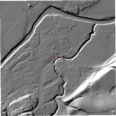 Shaded relief map of the ground around WR158BH, computed from Environment Agency LiDAR. The ground here sits at about 52 m above sea level and falls 39 m across the surrounding 800 m. Surface water reaching this point runs off ground lying to the south-south-west, 22.4 m higher.