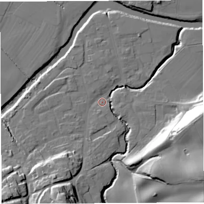 Shaded relief map of the ground around WR158BJ, computed from Environment Agency LiDAR. The ground here sits at about 54 m above sea level and falls 35 m across the surrounding 800 m. Surface water reaching this point runs off ground lying to the south-south-west, 25.9 m higher.