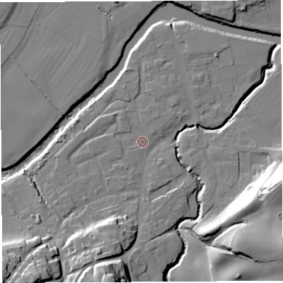 Shaded relief map of the ground around WR158BL, computed from Environment Agency LiDAR. The ground here sits at about 55 m above sea level and falls 30 m across the surrounding 800 m. Surface water reaching this point runs off ground lying to the south-west, 1.3 m higher.