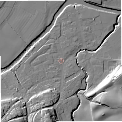 Shaded relief map of the ground around WR158BN, computed from Environment Agency LiDAR. The ground here sits at about 55 m above sea level and falls 30 m across the surrounding 800 m. Surface water reaching this point runs off ground lying to the south, 22.4 m higher.