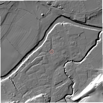 Shaded relief map of the ground around WR158BP, computed from Environment Agency LiDAR. The ground here sits at about 54 m above sea level and falls 30 m across the surrounding 800 m. Surface water reaching this point runs off ground lying to the south-west, 2.9 m higher.