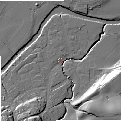 Shaded relief map of the ground around WR158BQ, computed from Environment Agency LiDAR. The ground here sits at about 54 m above sea level and falls 36 m across the surrounding 800 m. Surface water reaching this point runs off ground lying to the south-south-west, 22.9 m higher.