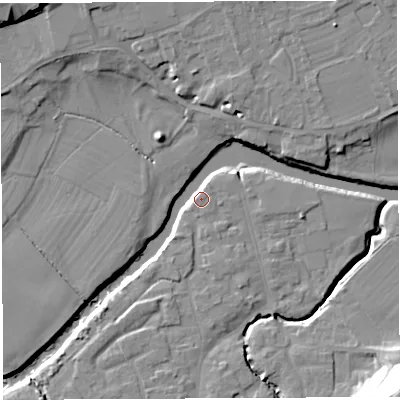 Shaded relief map of the ground around WR158DX, computed from Environment Agency LiDAR. The ground here sits at about 54 m above sea level and falls 30 m across the surrounding 800 m. Surface water reaching this point runs off ground lying to the south-west, 7.3 m higher.