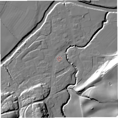Shaded relief map of the ground around WR158EB, computed from Environment Agency LiDAR. The ground here sits at about 55 m above sea level and falls 34 m across the surrounding 800 m. Surface water reaching this point runs off ground lying to the south-east, 1.7 m higher.